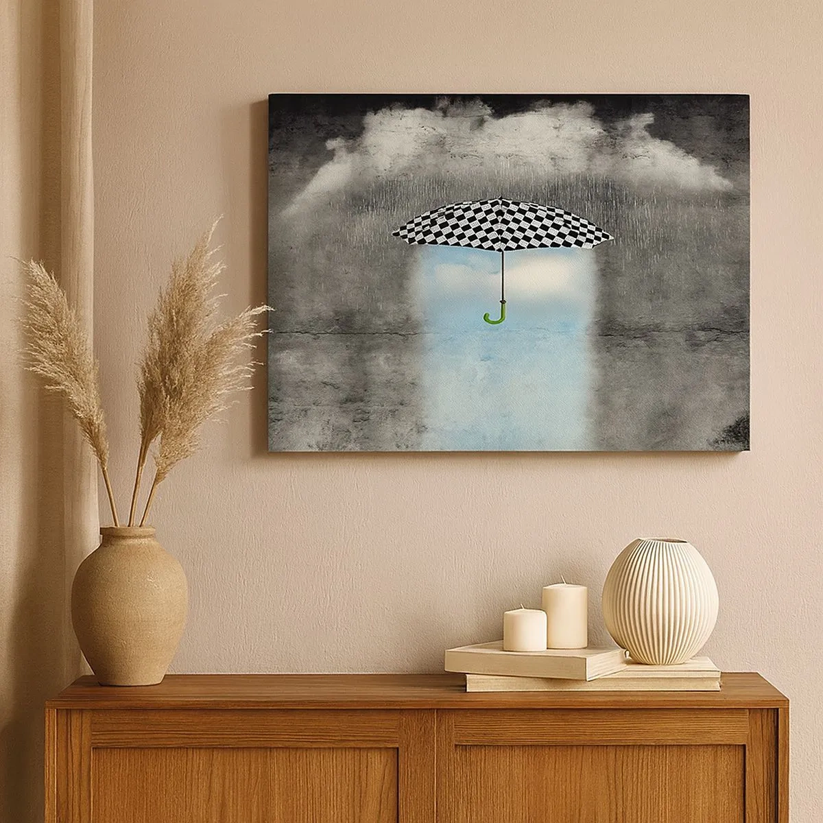 Quadro em tela - Um guarda-chuva xadrez sobre uma paisagem chuvosa - 70x50cm - No entanto, é possível - Decoração de parede moderna para a sala de estar e quarto ARTTOR