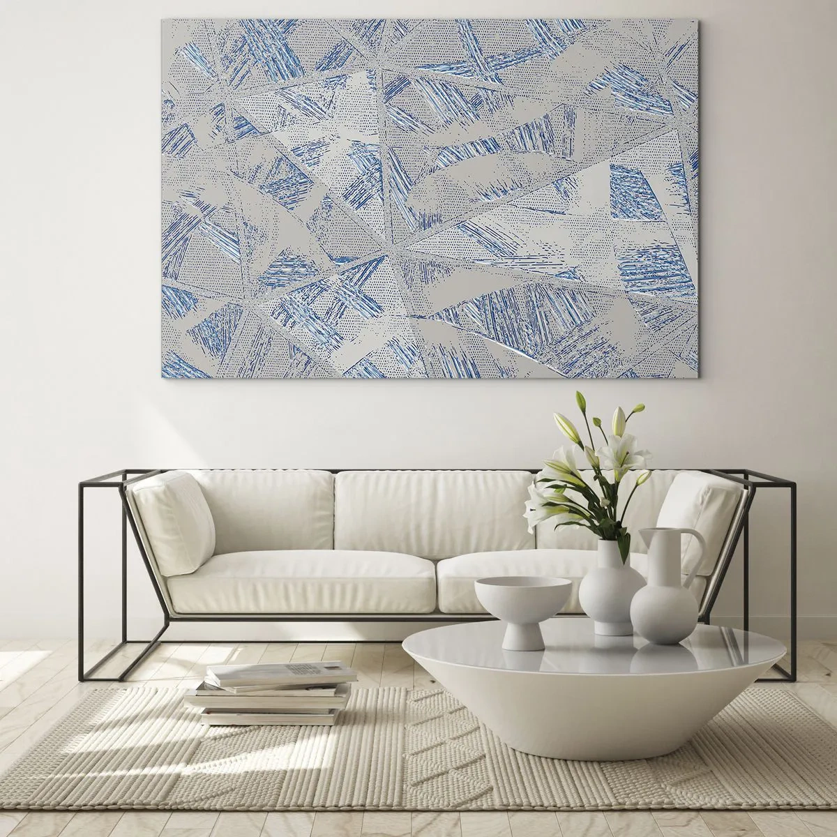 Quadro em vidro - Padrões geométricos em tons de cinza e azul - 70x50cm - Em um labirinto azul e cinza - Decoração de parede moderna para a sala de estar e quarto ARTTOR