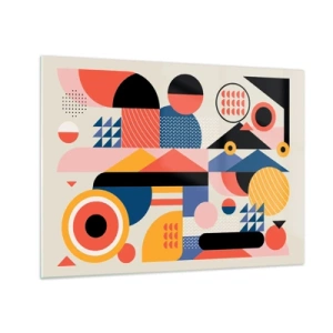 Quadro em vidro - Abstração geométrica colorida com círculos e triângulos - 70x50cm - Composição: brincar - Decoração de parede moderna para a sala de estar e quarto ARTTOR