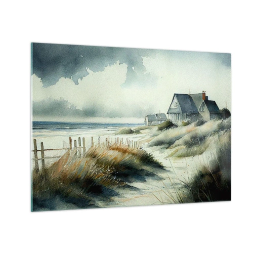 Quadro em vidro - Casas nas dunas à beira-mar sob um céu nublado - 70x50cm - Longe da agitação - Decoração de parede moderna para a sala de estar e quarto ARTTOR