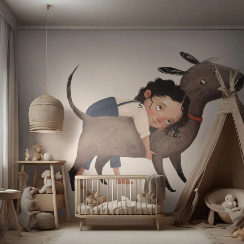 Papel de Parede Standard Eco - Uma menina abraçando um cachorro grande em estilo ilustrativo. - 100x70cm - Melhores amigos - Decoração de parede moderna para a sala de estar e quarto ARTTOR