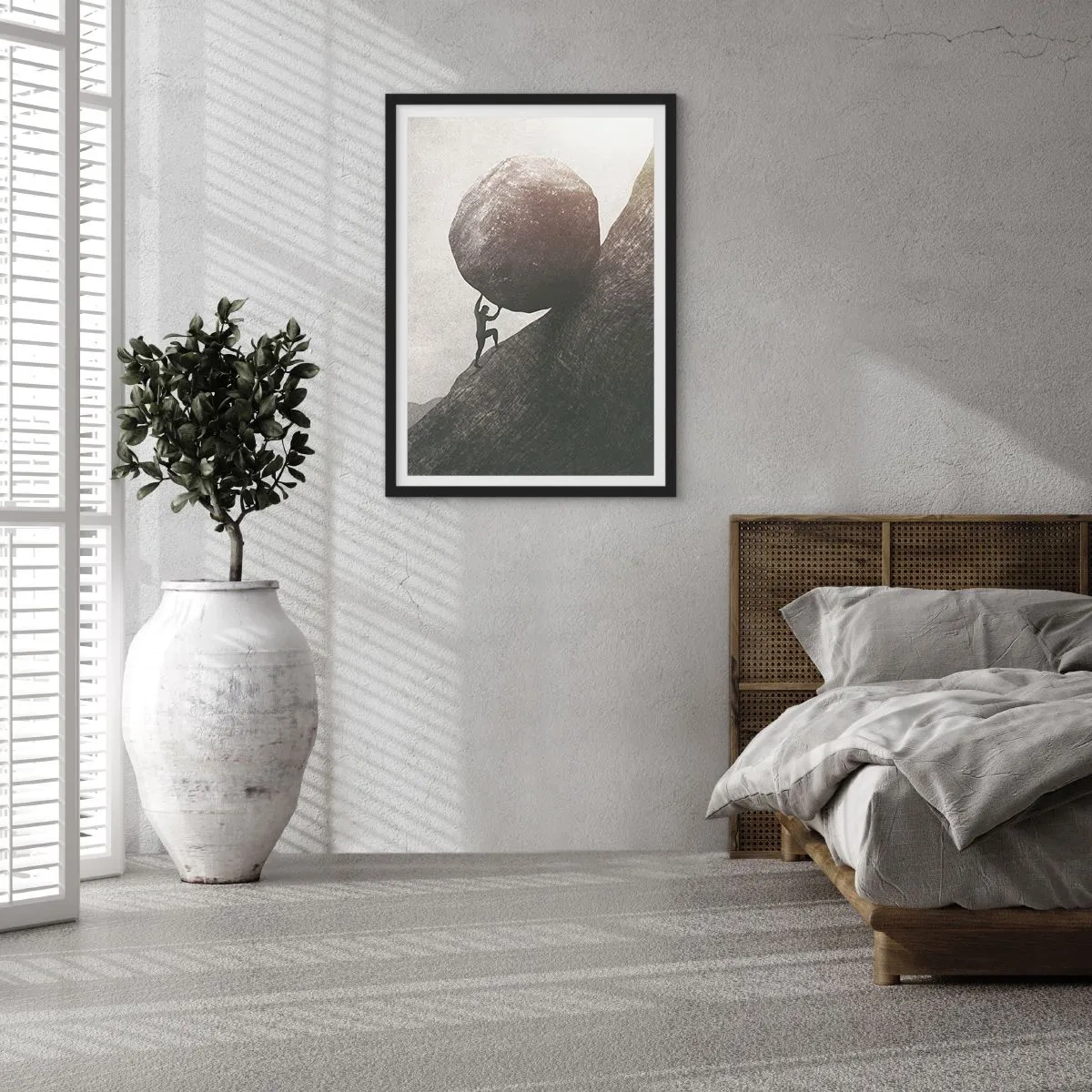 Pôster com moldura preta - Uma figura simbólica carregando uma pedra morro acima - 50x70cm - Eu creio - Decoração de parede moderna para a sala de estar e quarto ARTTOR