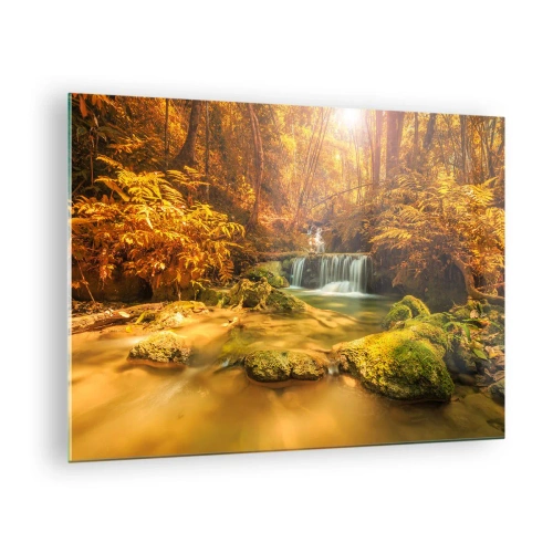 Quadro em vidro - Cascata florestal em ouro - 70x50cm - Cascata na floresta em ouro - Decoração de parede moderna para a sala de estar e quarto ARTTOR