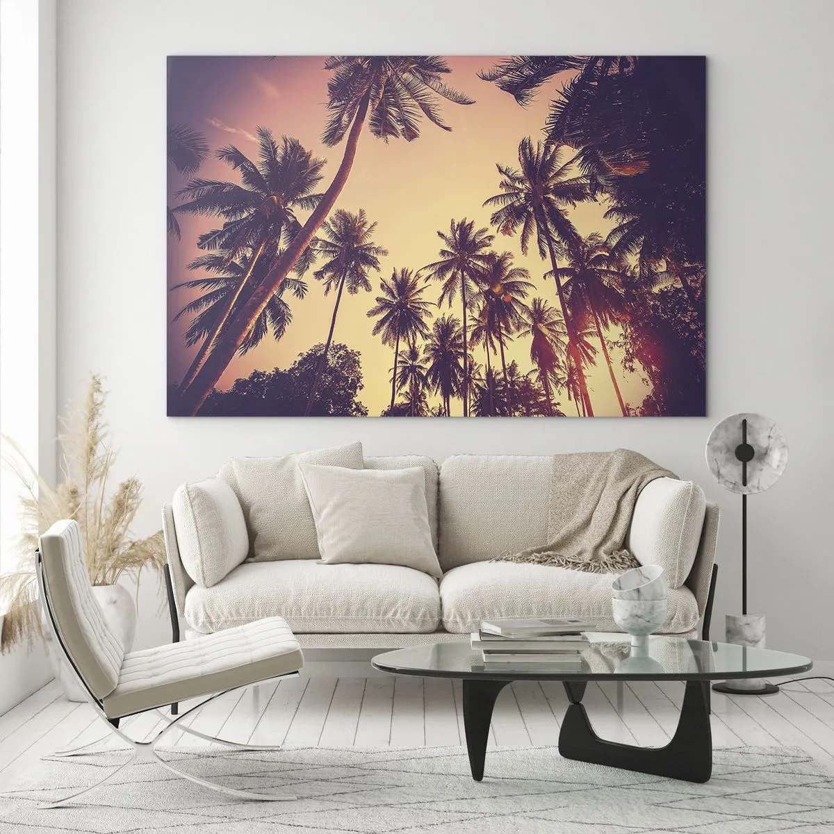 Quadro em vidro - Palmeiras sob os raios do sol poente - 70x50cm - Variação tropical - Decoração de parede moderna para a sala de estar e quarto ARTTOR