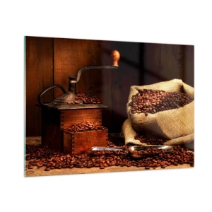 Quadro em vidro - Natureza morta com grãos de café e moedor - 100x70 cm