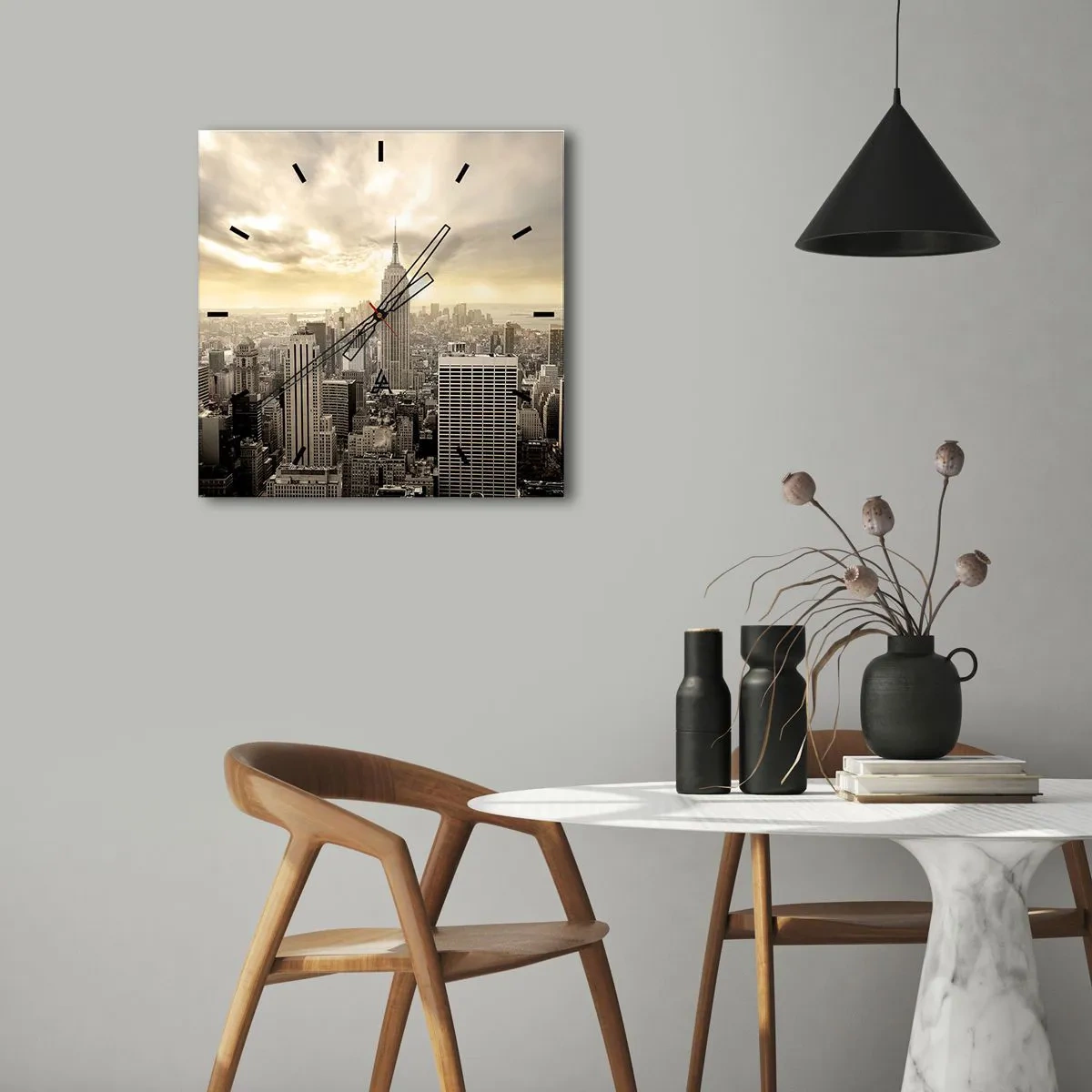 Relógio de parede - Relógio em vidro - Nova Iorque em tons de cinza - 30x30 cm