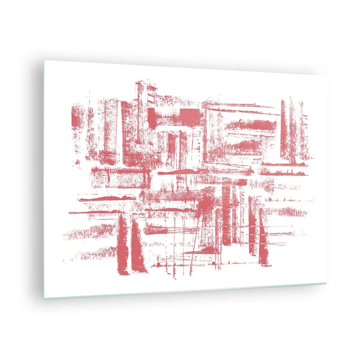 Quadro em vidro - Uma composição abstrata em vermelho que lembra o contorno da arquitetura urbana. - 70x50cm - Cidade Vermelha - Decoração de parede moderna para a sala de estar e quarto ARTTOR