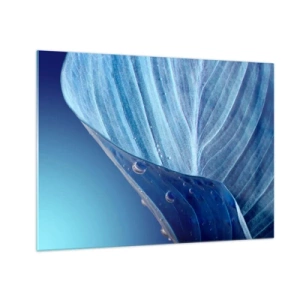 Quadro em vidro - Uma folha em tons de azul com gotas de água sobre um fundo gradiente. - 70x50cm - Gotas escondidas no azul - Decoração de parede moderna para a sala de estar e quarto ARTTOR