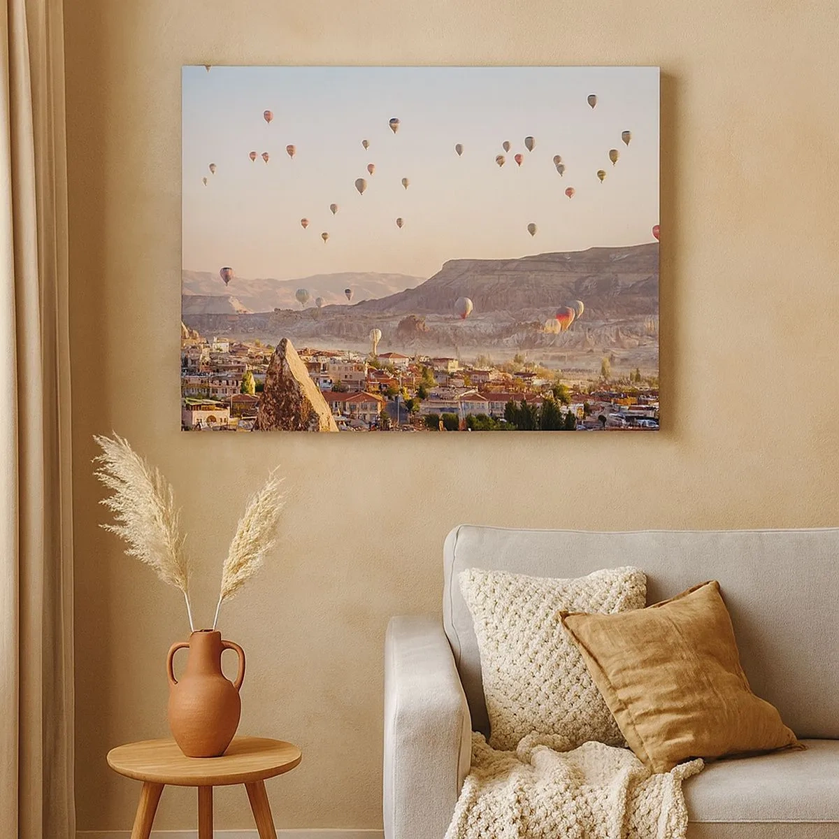 Quadro em tela - Capadócia com balões tendo como pano de fundo colinas pitorescas - 70x50cm - Como navios no céu - Decoração de parede moderna para a sala de estar e quarto ARTTOR