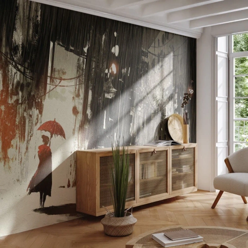 Papel de Parede Premium Sand - A poesia do guarda-chuva vermelho - Cidade, Mulher, Arquitetura - 100x70 cm