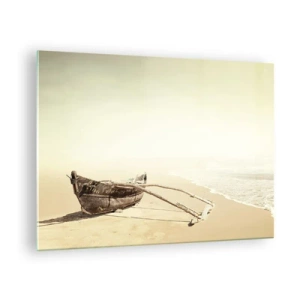 Quadro em vidro - Um velho barco de pesca na areia da praia - 70x50cm - Memória dos mares do sul - Decoração de parede moderna para a sala de estar e quarto ARTTOR
