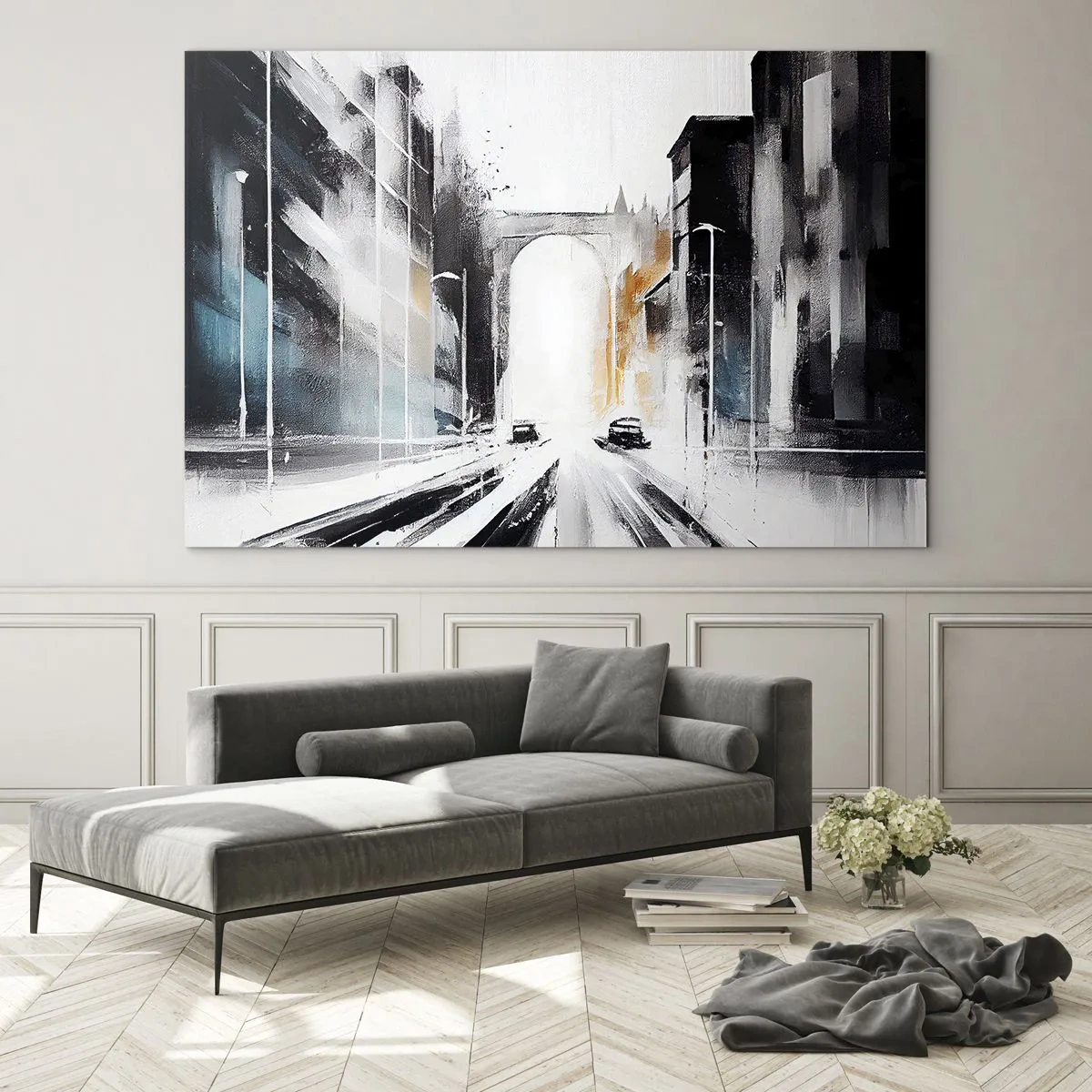 Quadro em vidro - Uma rua urbana dinâmica com carros e um arco ao fundo em estilo pictórico. - 70x50cm - Estudo da cidade: arquitetura e movimento - Decoração de parede moderna para a sala de estar e quarto ARTTOR