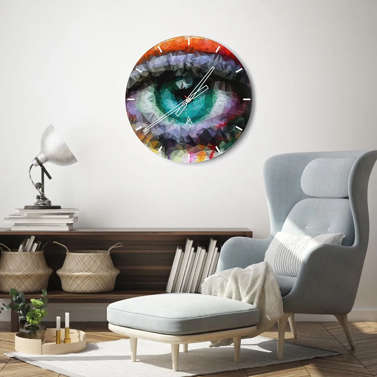 Relógio de parede - Relógio em vidro - Gráfico de olho abstrato em estilo geométrico multicolorido - 30x30cm - O brilho cristalino dos olhos - Decoração de parede moderna para a sala de estar, cozinha e quarto ARTTOR