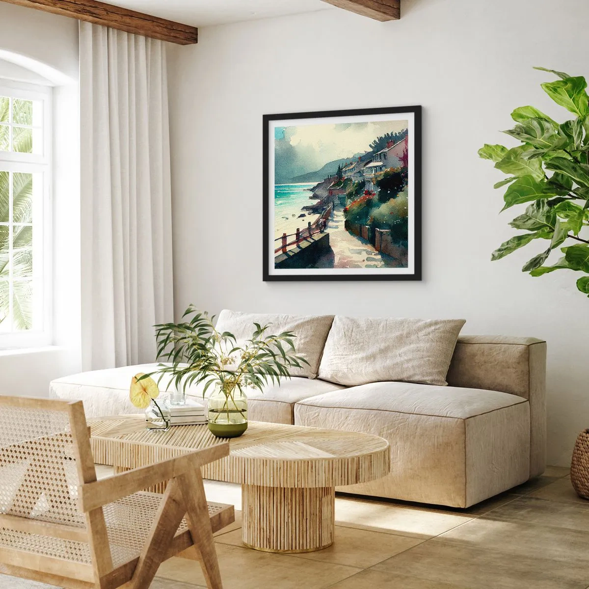 Pôster com moldura preta - Cidade mediterrânea - 60x60 cm