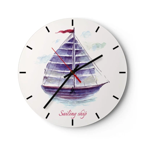 Relógio de parede - Relógio em vidro - Um veleiro roxo com um mastro vermelho em um mar calmo - 30x30cm - Cheio de velas e águas calmas - Decoração de parede moderna para a sala de estar, cozinha e quarto ARTTOR