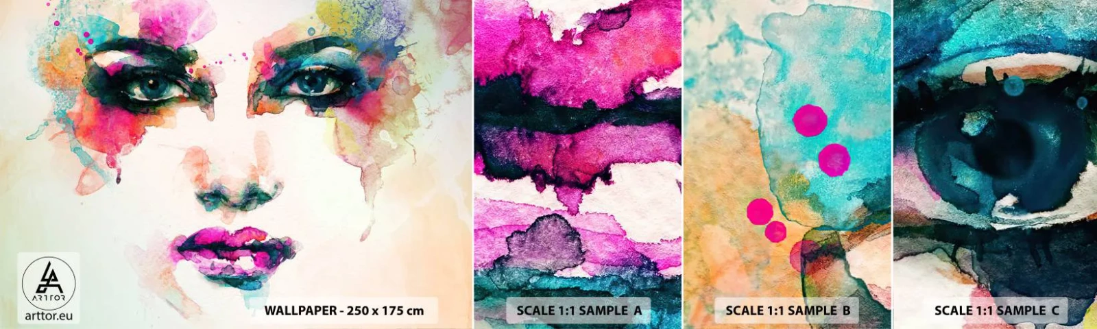 Amostra de papel de parede autocolante Deluxe Sticker - Retrato pintado com o arco-íris - Abstração, Rosto de mulher, Pedaço - 100x30 cm