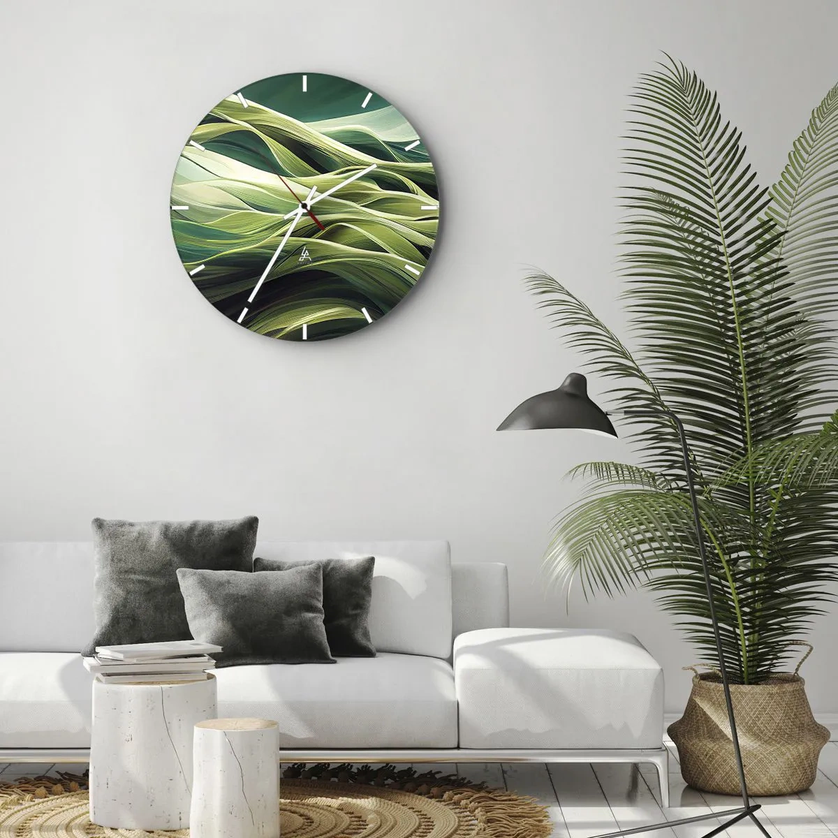 Relógio de parede - Relógio em vidro - Ondas verdes em uma composição abstrata e dinâmica - 30x30cm - Jogo verde abstrato - Decoração de parede moderna para a sala de estar, cozinha e quarto ARTTOR