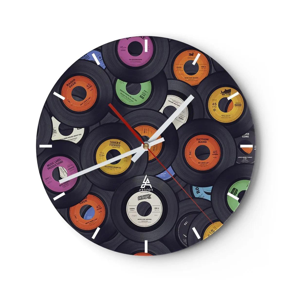 Relógio de parede - Relógio em vidro - Discos de vinil coloridos em um arranjo artístico - 30x30cm - Cores dos clássicos - Decoração de parede moderna para a sala de estar, cozinha e quarto ARTTOR