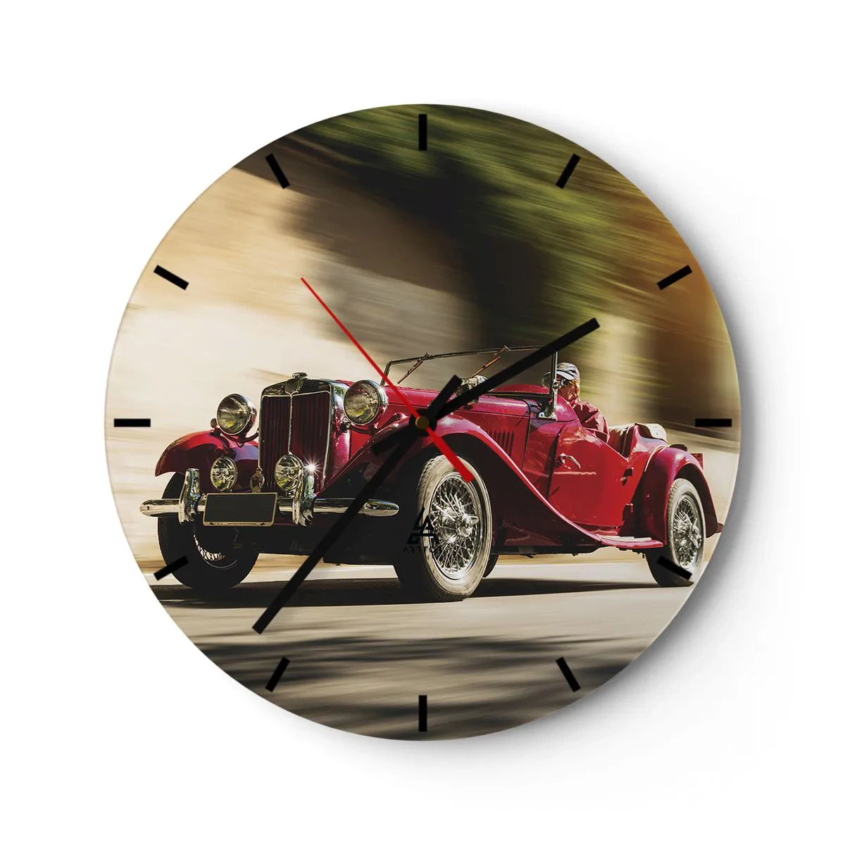 Relógio de parede - Relógio em vidro - Carro esportivo clássico vermelho em movimento dinâmico - 30x30cm - Mais bonita que a Vitória de Samotrácia - Decoração de parede moderna para a sala de estar, cozinha e quarto ARTTOR