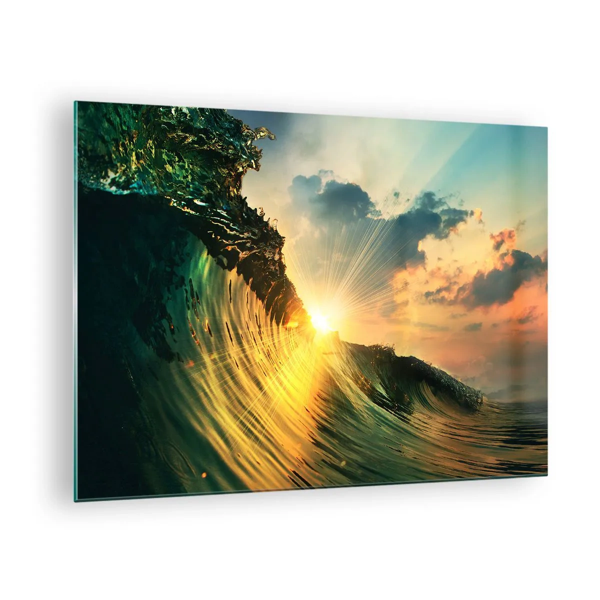 Quadro em vidro - O pôr do sol iluminando as ondas do oceano - 70x50cm - Surfer, onde está? - Decoração de parede moderna para a sala de estar e quarto ARTTOR