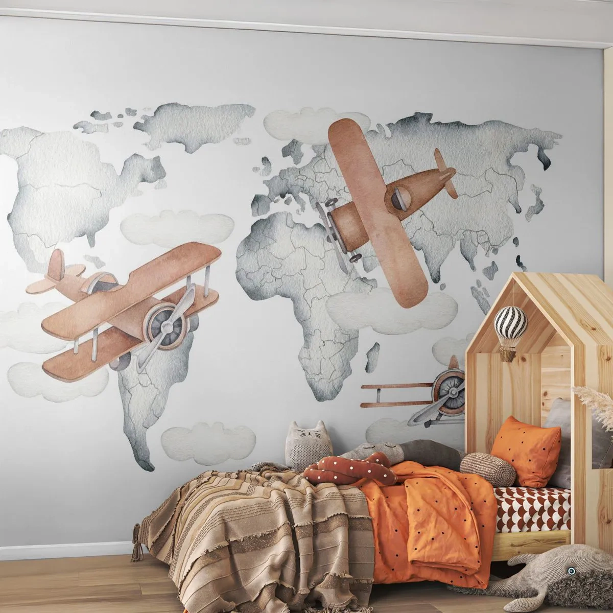Papel de Parede Autocolante Deluxe Sticker - Com espírito pioneiro - Mapa mundial, Aviões, Infantil - 200x140 cm