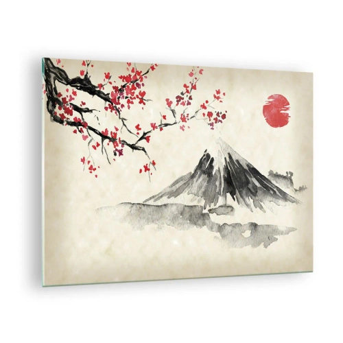 Quadro em vidro - Pintura em aquarela japonesa de uma montanha e um galho florido - 70x50cm - Ame o Japão - Decoração de parede moderna para a sala de estar e quarto ARTTOR