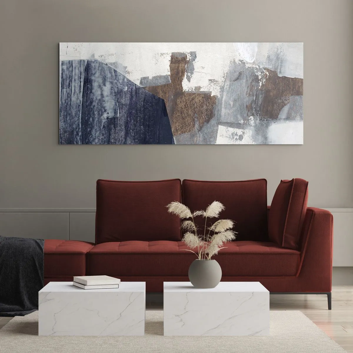 Quadro em vidro - Formas azuis e marrons - 160x50 cm