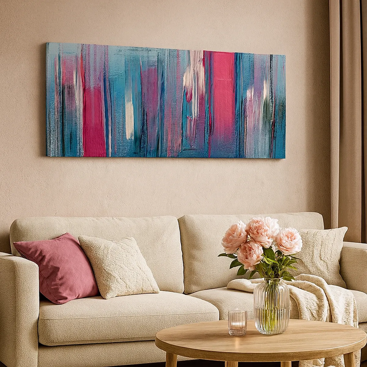 Quadro em tela - Composição vertical em azul e vermelho - 30x30 cm