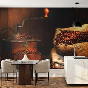 Papel de Parede Premium Canvas - Natureza morta com grãos de café e moedor - Gastronomia, Café, Moedor de café - 150x105 cm