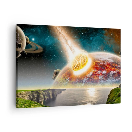 Quadro em tela - Um meteorito colide com um planeta em uma paisagem cósmica. - 70x50cm - Drama espacial - Decoração de parede moderna para a sala de estar e quarto ARTTOR
