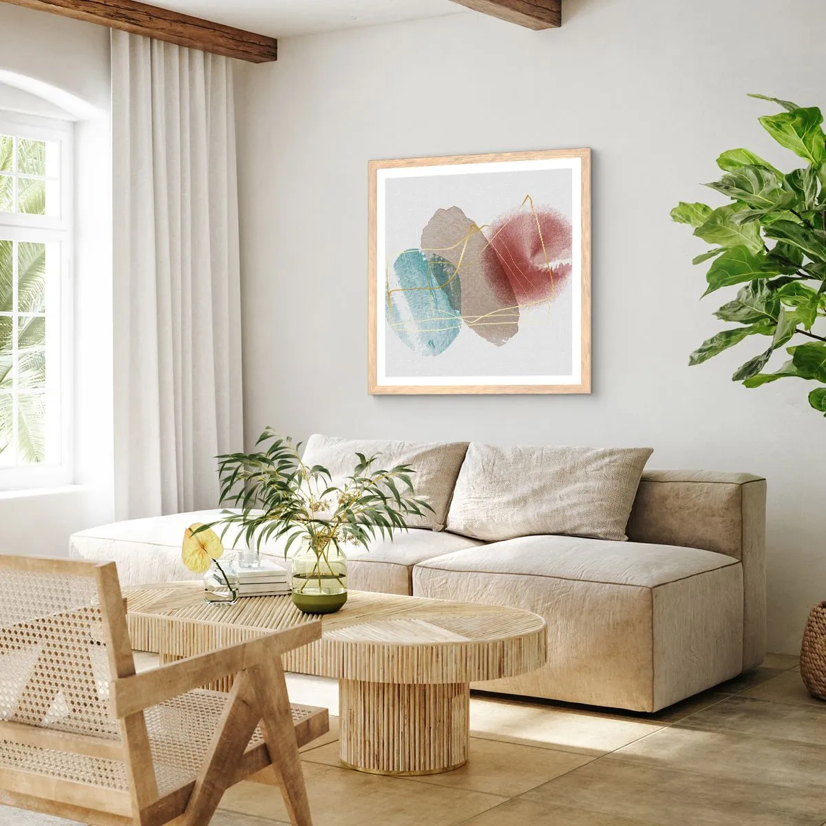 Pôster com moldura de carvalho claro - Corais espaciais - 40x40 cm