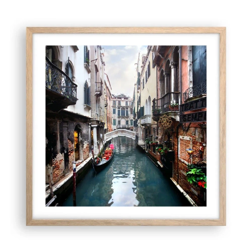 Pôster com moldura de carvalho claro - Paisagem veneziana com gôndola e ponte - 50x50 cm
