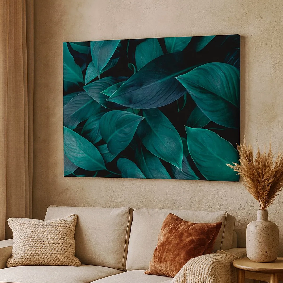 Quadro em tela - Close-up de folhas verdes com fundo escuro - 70x50cm - Verde em si - Decoração de parede moderna para a sala de estar e quarto ARTTOR