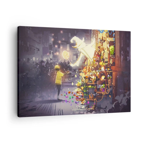 Quadro em tela - Um personagem de conto de fadas e uma criança em uma rua cheia de luzes e magia - 70x50cm - Os feitiços existem - Decoração de parede moderna para a sala de estar e quarto ARTTOR
