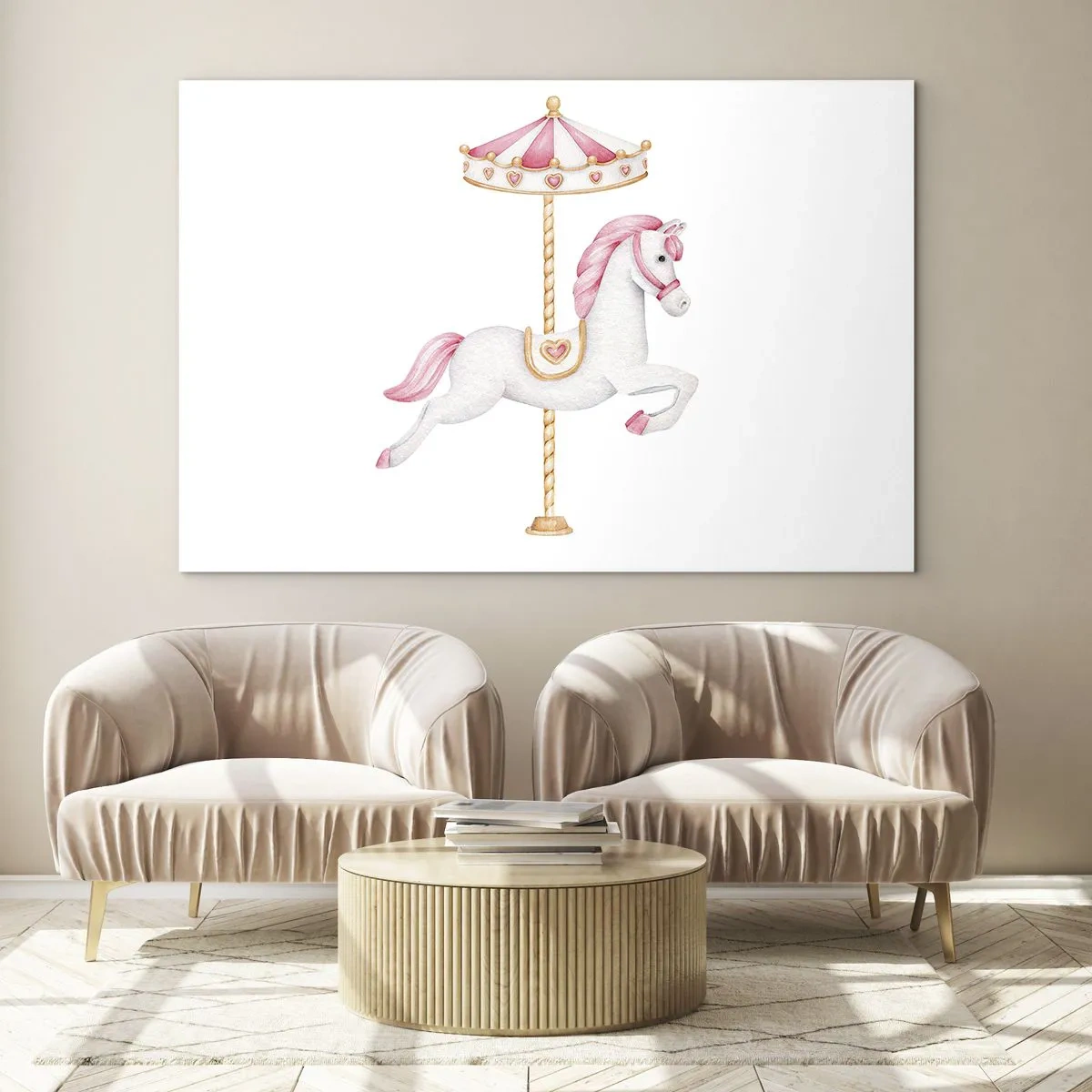 Quadro em vidro - Cavalo de carrossel rosa e branco em um fundo branco - 70x50cm - Caiu no chão - Decoração de parede moderna para a sala de estar e quarto ARTTOR