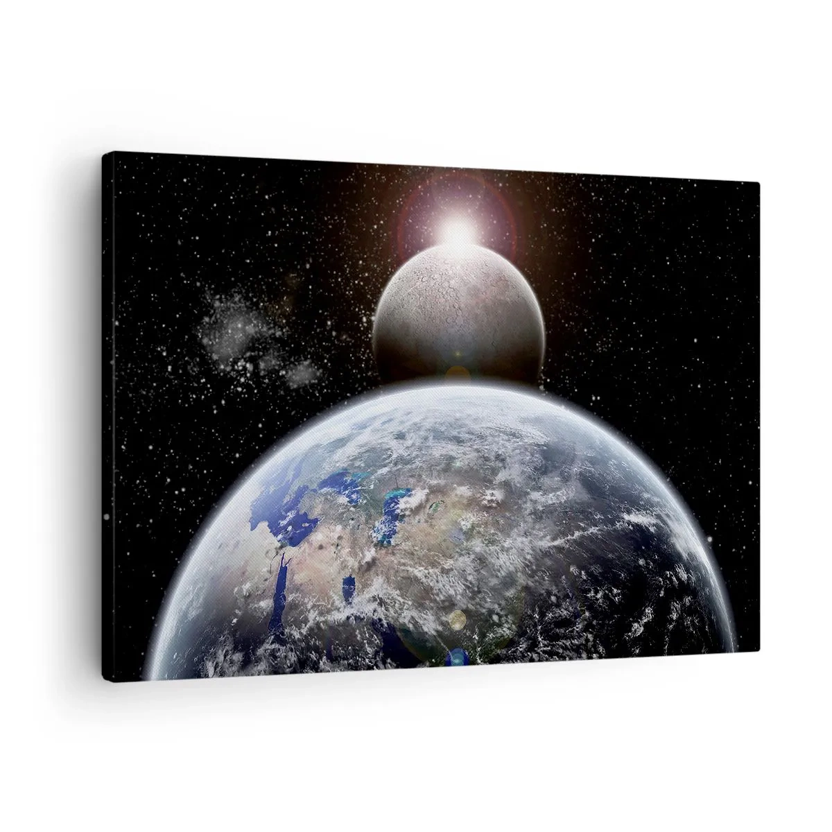 Quadro em tela - Planeta Terra e a Lua tendo como pano de fundo o espaço sideral estrelado. - 70x50cm - Paisagem espacial - o nascer do sol - Decoração de parede moderna para a sala de estar e quarto ARTTOR