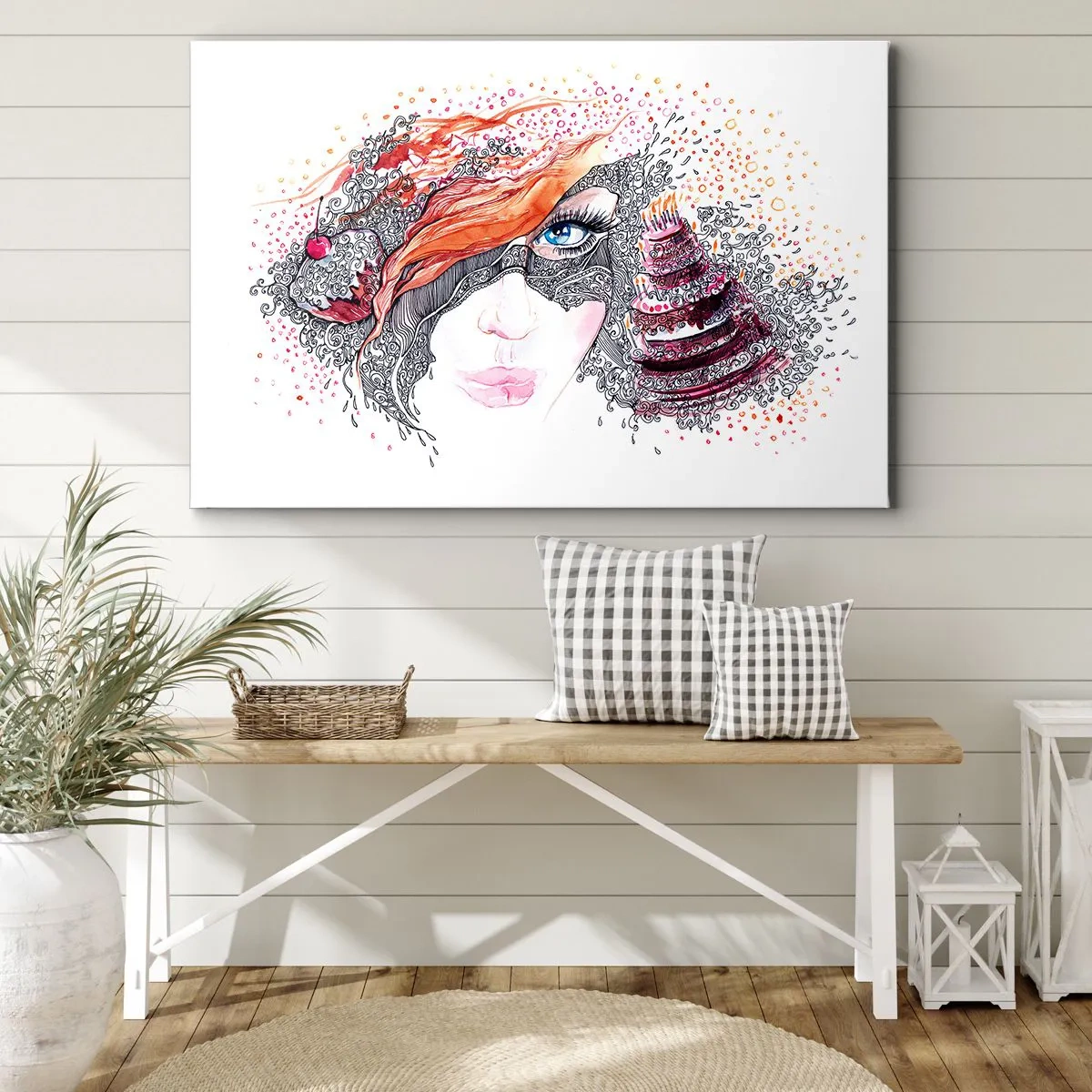 Quadro em tela - Retrato artístico de uma mulher com detalhes e um toque vermelho - 70x50cm - Com ela, todos os dias são dias de festa - Decoração de parede moderna para a sala de estar e quarto ARTTOR