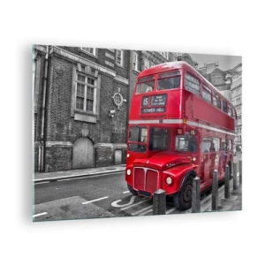 Quadro em vidro - Um ônibus vermelho de Londres contra um fundo de rua preto e branco - 70x50cm - Sempre o mesmo - Decoração de parede moderna para a sala de estar e quarto ARTTOR