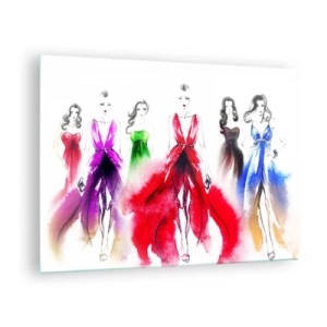 Quadro em vidro - Esboço de mulheres em vestidos de noite coloridos - 70x50cm - Colorido desfile - Decoração de parede moderna para a sala de estar e quarto ARTTOR