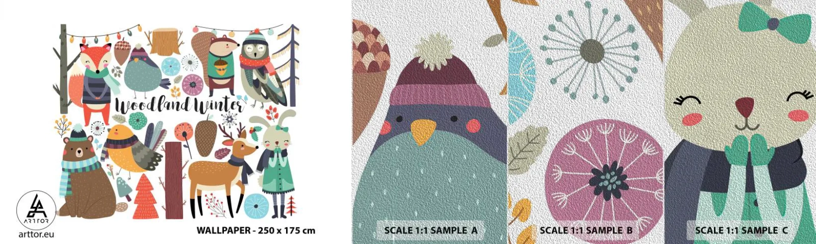 Amostra de papel de parede Premium Sand - Natal de conto de fadas na floresta - Para crianças, Inverno na floresta, Animais - 100x30 cm