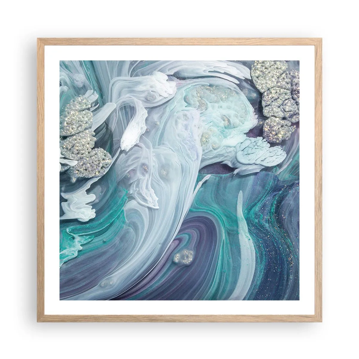 Pôster com moldura de carvalho claro - Correntes de azul - 60x60 cm