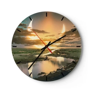 Relógio de parede - Relógio em vidro - Paisagem com duas luas contra o pôr do sol - 30x30cm - Algures numa galáxia muito, muito distante - Decoração de parede moderna para a sala de estar, cozinha e quarto ARTTOR