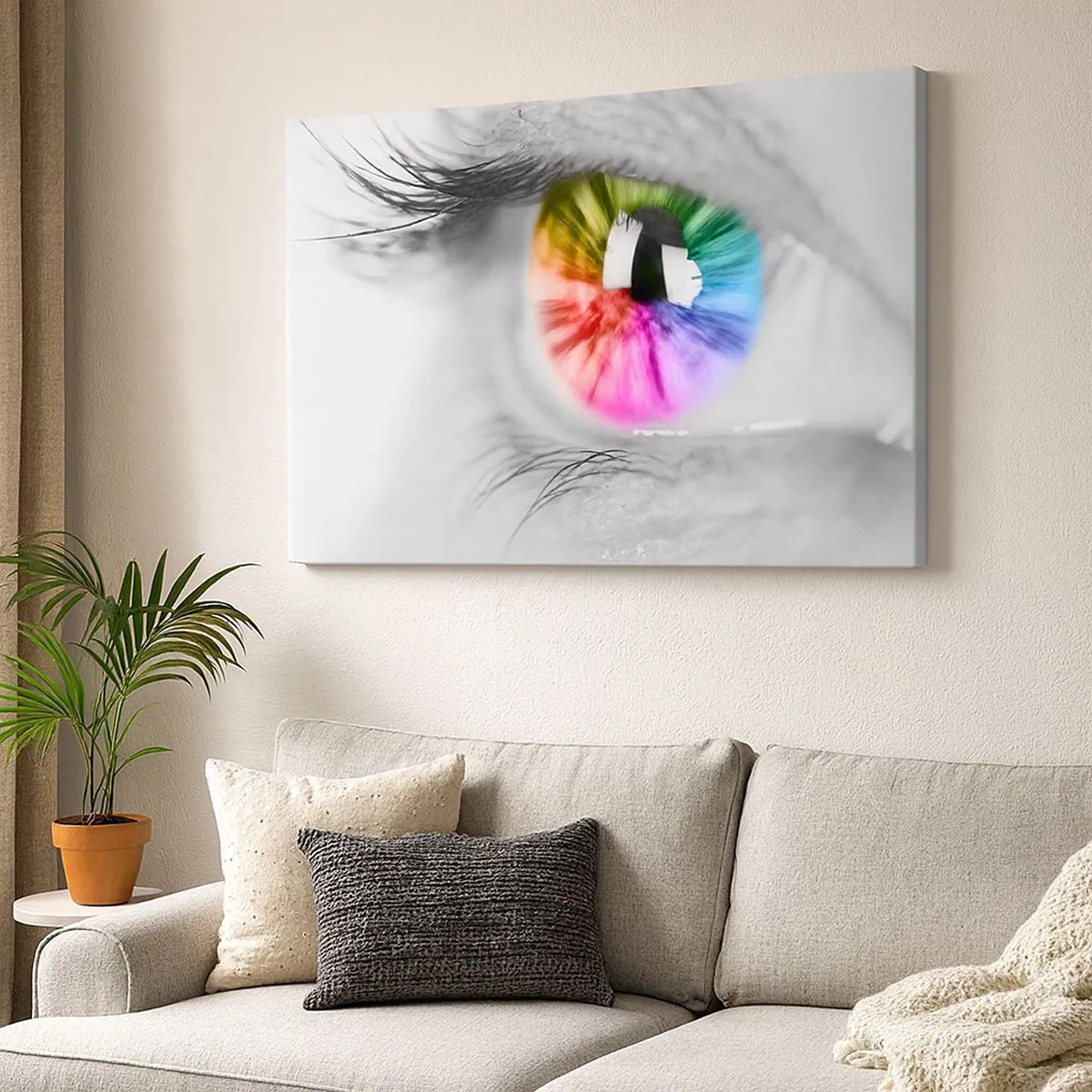 Quadro em tela - Foto artística de um olho com uma íris de arco-íris em um fundo cinza - 70x50cm - Olhar para o mundo a cores - Decoração de parede moderna para a sala de estar e quarto ARTTOR