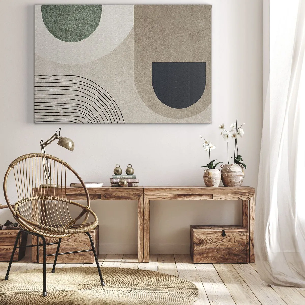 Quadro em tela - Formas geométricas em tons de bege e verde - 70x50cm - A gentileza do oval - Decoração de parede moderna para a sala de estar e quarto ARTTOR