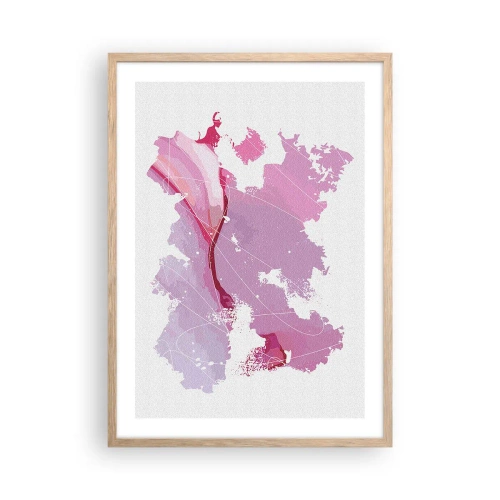 Pôster com moldura de carvalho claro - Mapa do mundo rosa - 50x70 cm