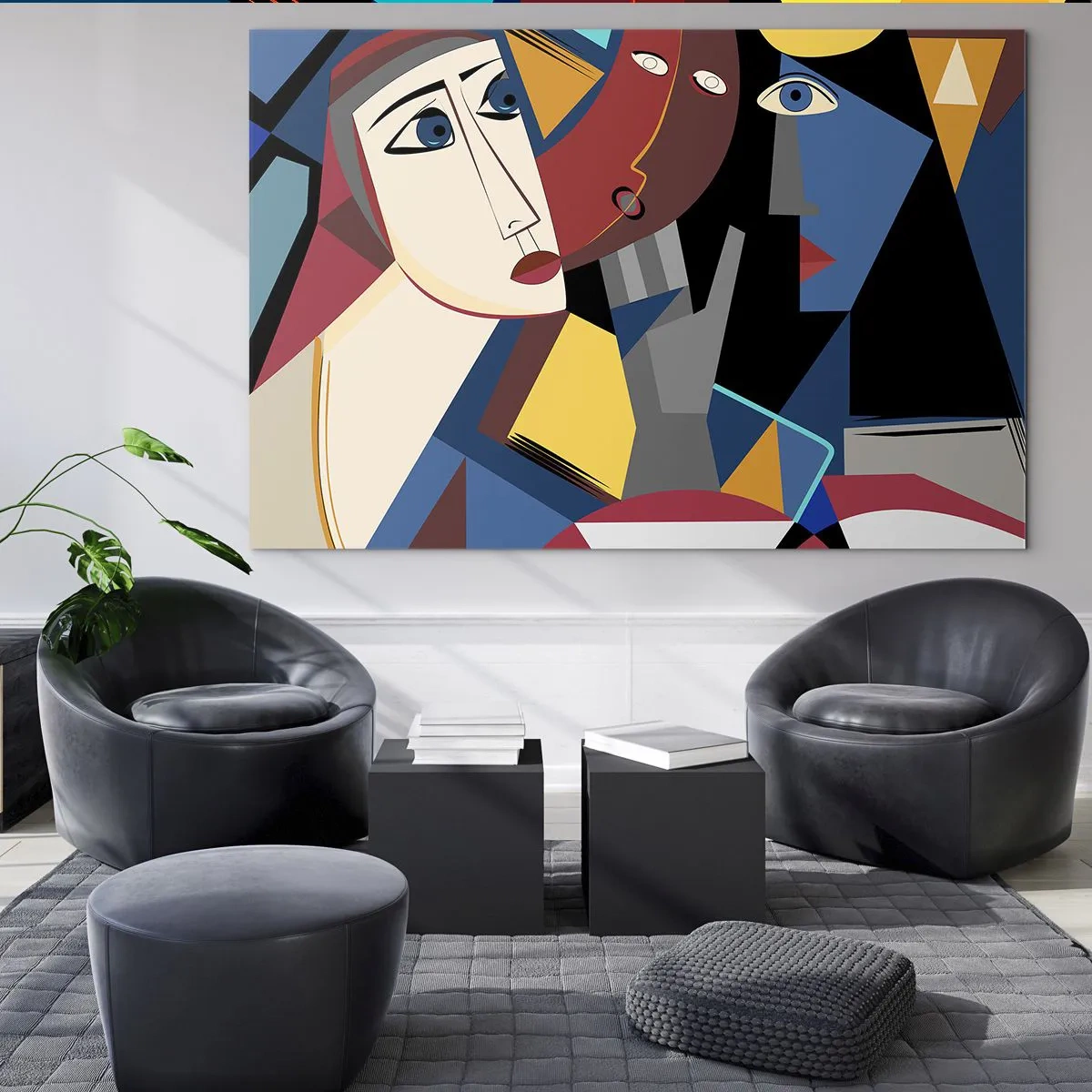 Quadro em vidro - Rostos cubistas em cores intensas - 70x50cm - Uma conversa entre cubistas - Decoração de parede moderna para a sala de estar e quarto ARTTOR