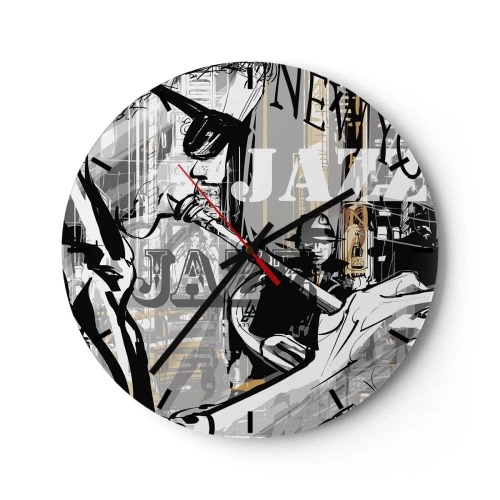 Relógio de parede - Relógio em vidro - Um tema de jazz estiloso com um músico tendo como pano de fundo uma cena urbana. - 30x30cm - Ao ritmo de Nova Iorque - Decoração de parede moderna para a sala de estar, cozinha e quarto ARTTOR