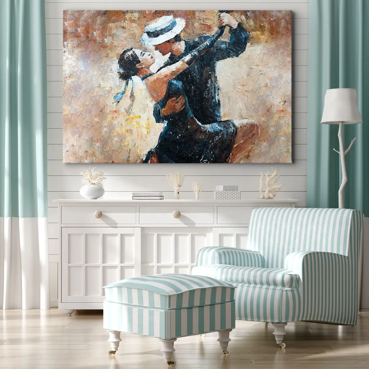 Quadro em tela - Um casal dançando tango em um estilo romântico e elegante - 70x50cm - A la Rudolf Valentino - Decoração de parede moderna para a sala de estar e quarto ARTTOR