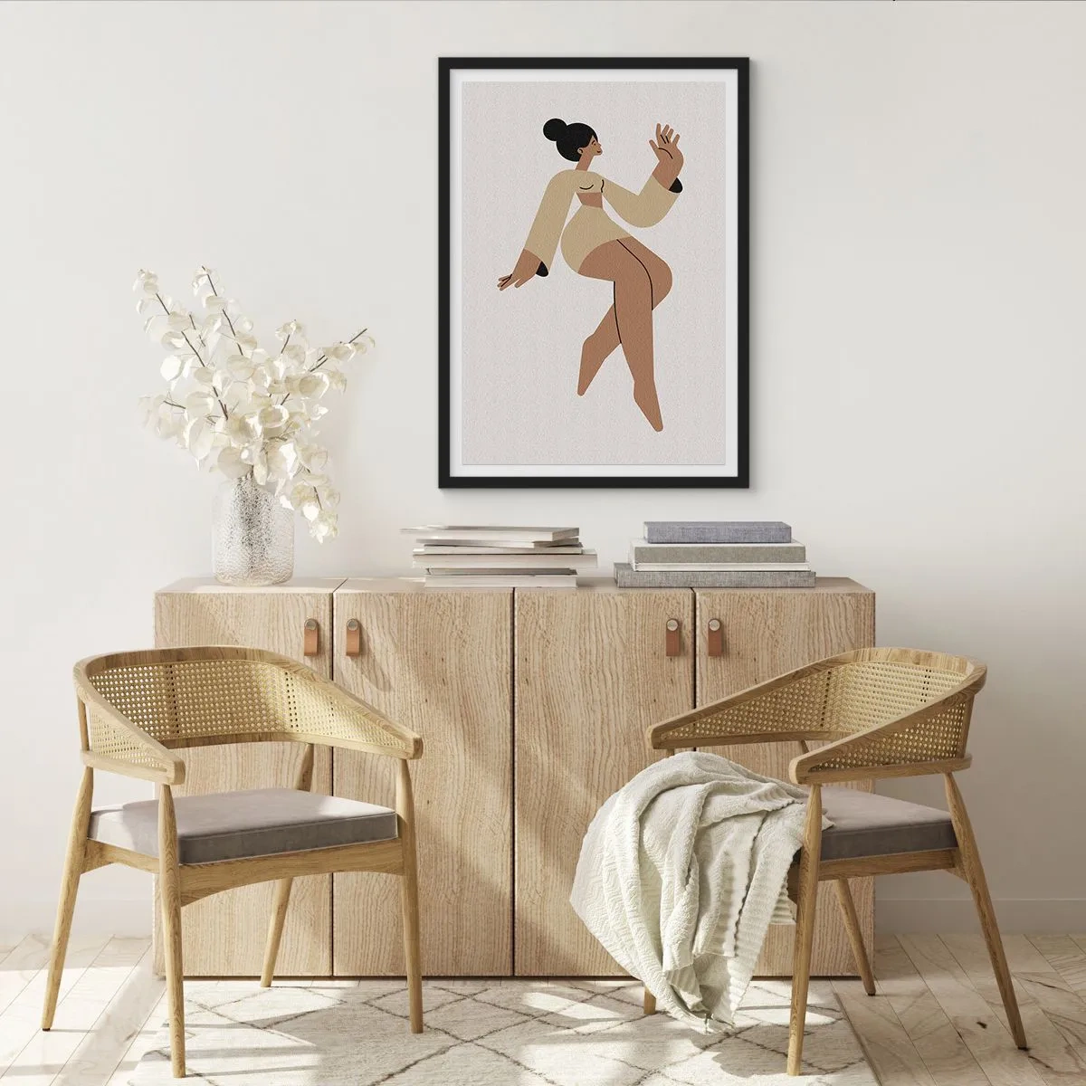 Pôster com moldura preta - Uma ilustração minimalista de uma figura feminina em movimento. - 50x70cm - Uma forma graciosa - Decoração de parede moderna para a sala de estar e quarto ARTTOR