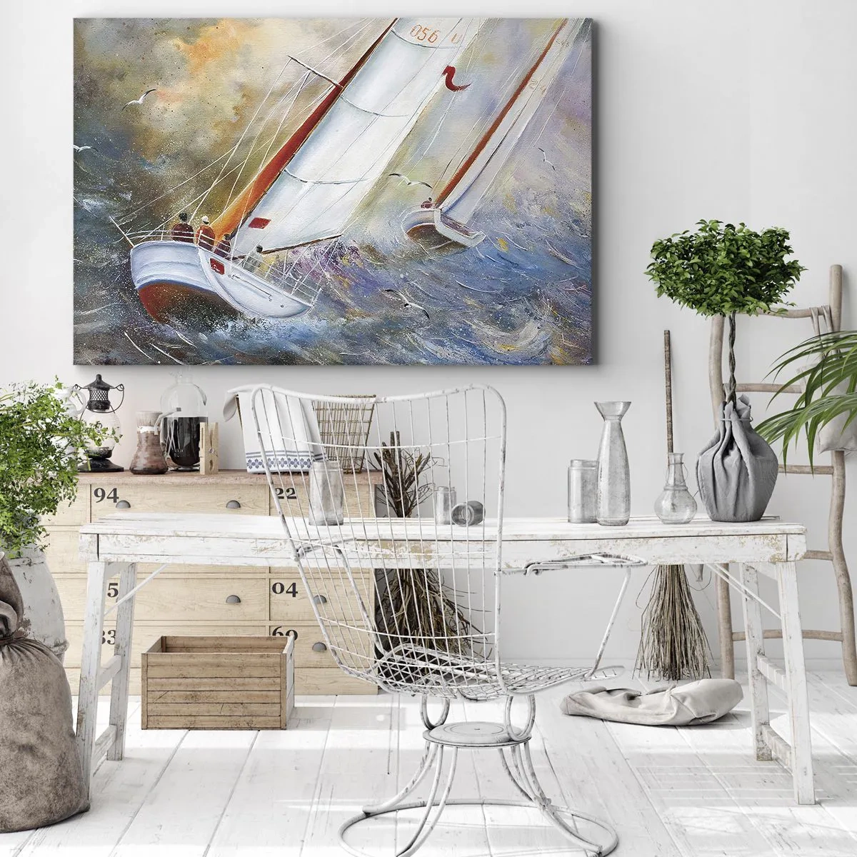 Quadro em tela - Veleiros em ondas fortes em uma composição dinâmica - 70x50cm - Correr sobre as ondas - Decoração de parede moderna para a sala de estar e quarto ARTTOR